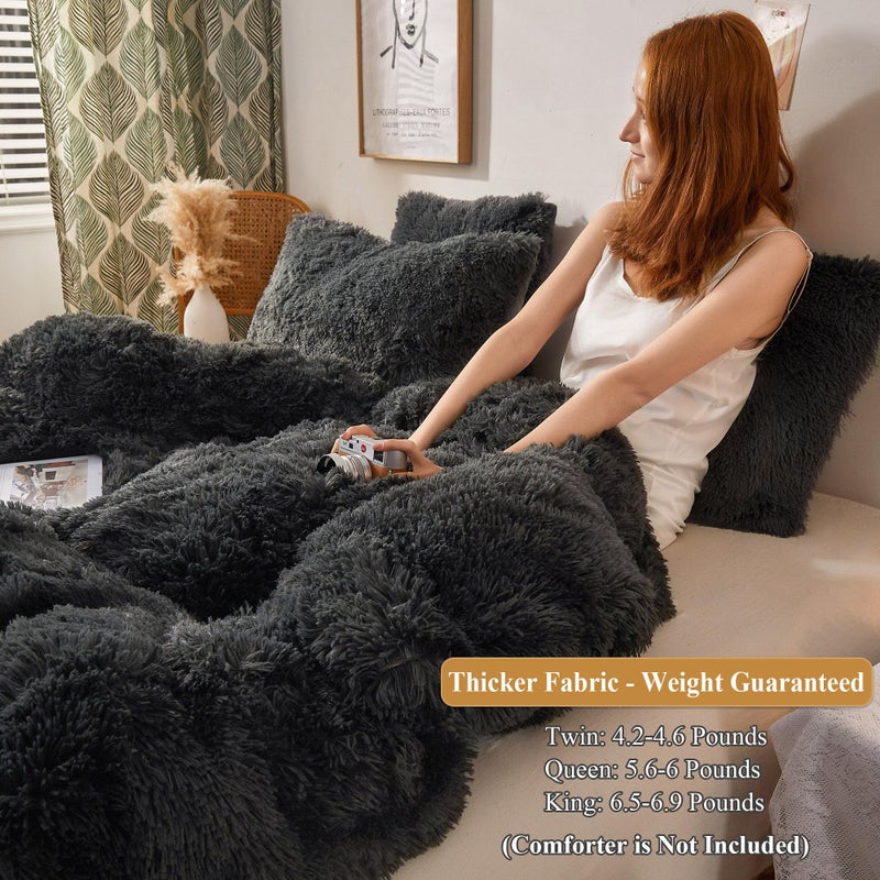 XeGe Plush Shaggy Duvet Cover Luxury Ultra Soft Crystal Velvet Bedding 1PC(1 Faux Fur Duvet Cover),Zipper Closure (Queen, Dark Gray) - Image 3